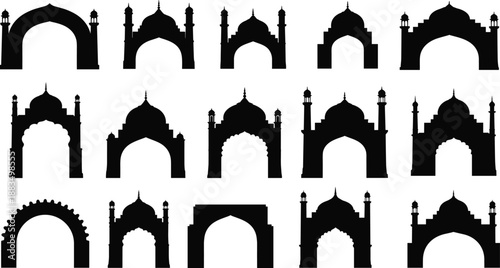Black silhouettes of various Indian arches and gateways Indian architecture