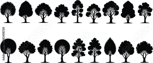 Black silhouettes of various trees on white background