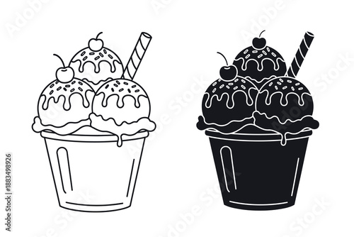 Black and white illustration of two ice cream sundaes with cherries and wafers