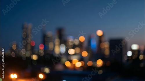 downtown. Abstract urban skyline at night, featuring blurred city lights and ...