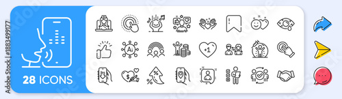 Approved teamwork, Inclusion and Smile line icons. Interest rate, AI generate, Inflation icons. Pack of Vaccine protection, Influence, Click hand icon. Social care, Voicemail, Noise pictogram. Vector