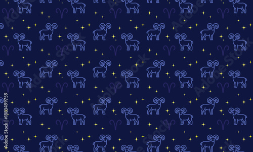 Zodiac pattern Aries. Linear regular ornament with sheep and stars for astrology, tarot cards, mysticism. Vector seamless ornament for textile, fabric, interior, ceramic, wallpaper, paper decoration