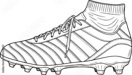 Clean black line drawing soccer cleats boots detailed illustration World Cup 2026 equipment side view technical vector isolated white background
