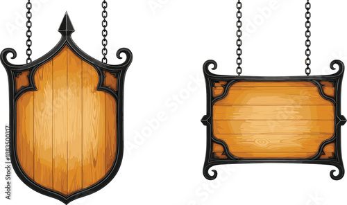 Wooden signs with black metal frames and chains shield shaped sign rectangular sign