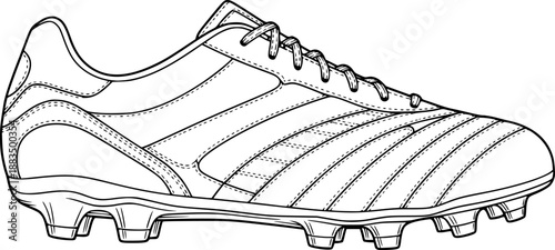 Clean black line drawing soccer cleats boots detailed illustration World Cup 2026 equipment side view technical vector isolated white background
