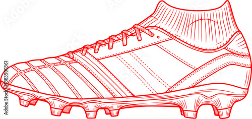 Clean black line drawing soccer cleats boots detailed illustration World Cup 2026 equipment side view technical vector isolated white background
