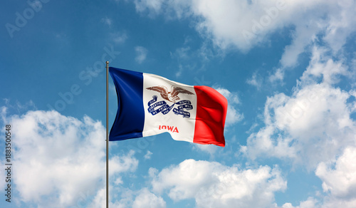 Flag of Iowa, United States  waving in the wind, national symbol. Country, nation, union, flag, government, culture of Iowa, politics.
