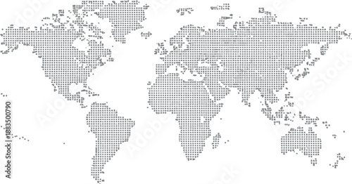 A modern pixelated world map crafted from countless tiny grey and white squares is depicted against a dark black background, representing global connectivity.