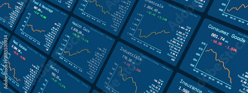 Stock market chart and data, industrial sectors, health care moving up, industrials moving down. Trading screen, investing, information, risk, return on investment, prices.