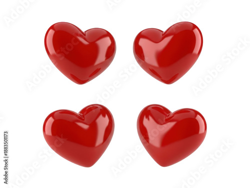 Four red hearts isolated on transparent background