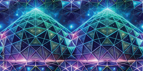 Vibrant geometric patterns with luminous colors and a cosmic background creating a futuristic atmosphere.