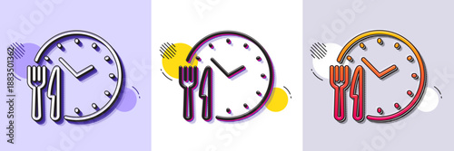 Food time line icon. Halftone dotted pattern. Gradient icon with grain shadow. Meal order clock sign. Restaurant opening hours symbol. Line food time icon. Various designs. Vector