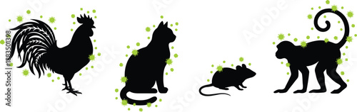 Animal silhouettes with green virus particles illustrating zoonotic disease transmission, chicken cat mouse monkey infection spread concept, epidemic risk, biology science, healthcare awareness 