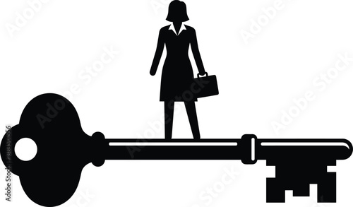 Businesswoman silhouette standing on large key symbol, leadership and success concept, career opportunity, empowerment, strategy, access, security, achievement metaphor, minimalist black 
