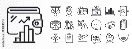 Chin, Clipboard and Wallet line icons for web app. Glare of light effect. Message icon. Pack of Qr code, Plane, Diagram graph pictogram icons. Ceiling lamp, Ab testing, Fake news signs. Vector