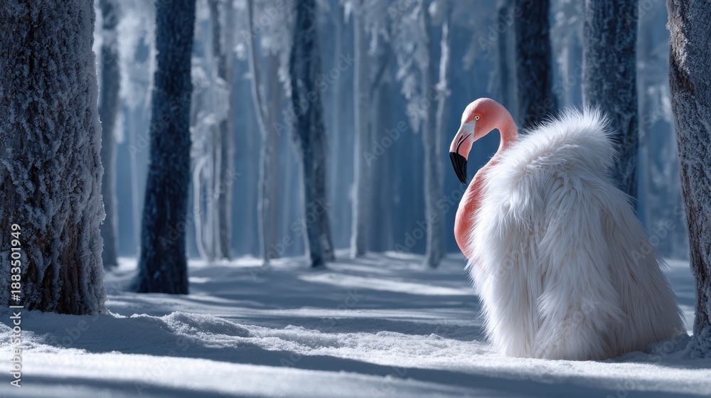 Obraz premium A white flamingo is sitting in the snow
