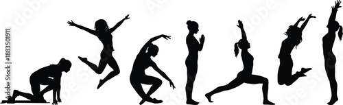Female fitness silhouette sequence showing yoga stretching, jumping, lunging poses, athletic movement progression, workout exercise concept, black vector illustration isolated on white background