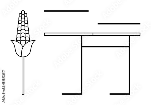 Agriculture, design, minimalism, modern art, abstract concepts, outlines. Corn plant illustration next to clean geometric lines. Agriculture and design in modern minimalistic style