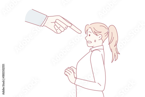 Pressure and stress at work concept. Young afraid woman worker standing and looking at huge boss hand at her face pointing at her vector illustration