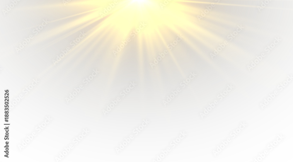 Obraz premium Yellow star flashed with sparkles sun isolated on white background. Soft glow without departing rays, sunlight with lens flare effect. PNG vector light effect.