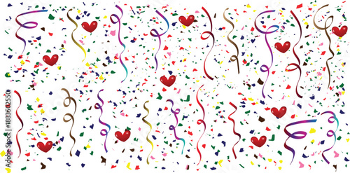 Colorful Party Confetti Background with Streamers and Heart Shapes