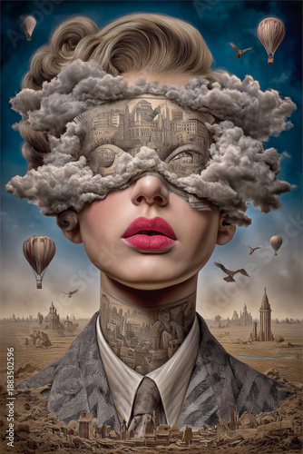 A blindfolded female head plunging into chaos of unnecessary information.