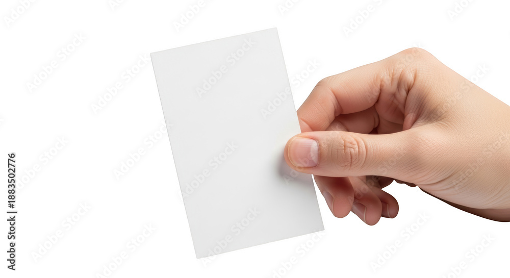 Obraz premium Hand holding blank white business card showing empty surface for mockup isolated on transparent background