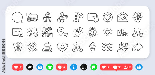 Account, Discount and Electric bike line icons pack. Social media: share, comment, like icons. Calendar, Bike, Hold heart web icon. Heart, Fireworks explosion, Cupcake pictogram. Vector
