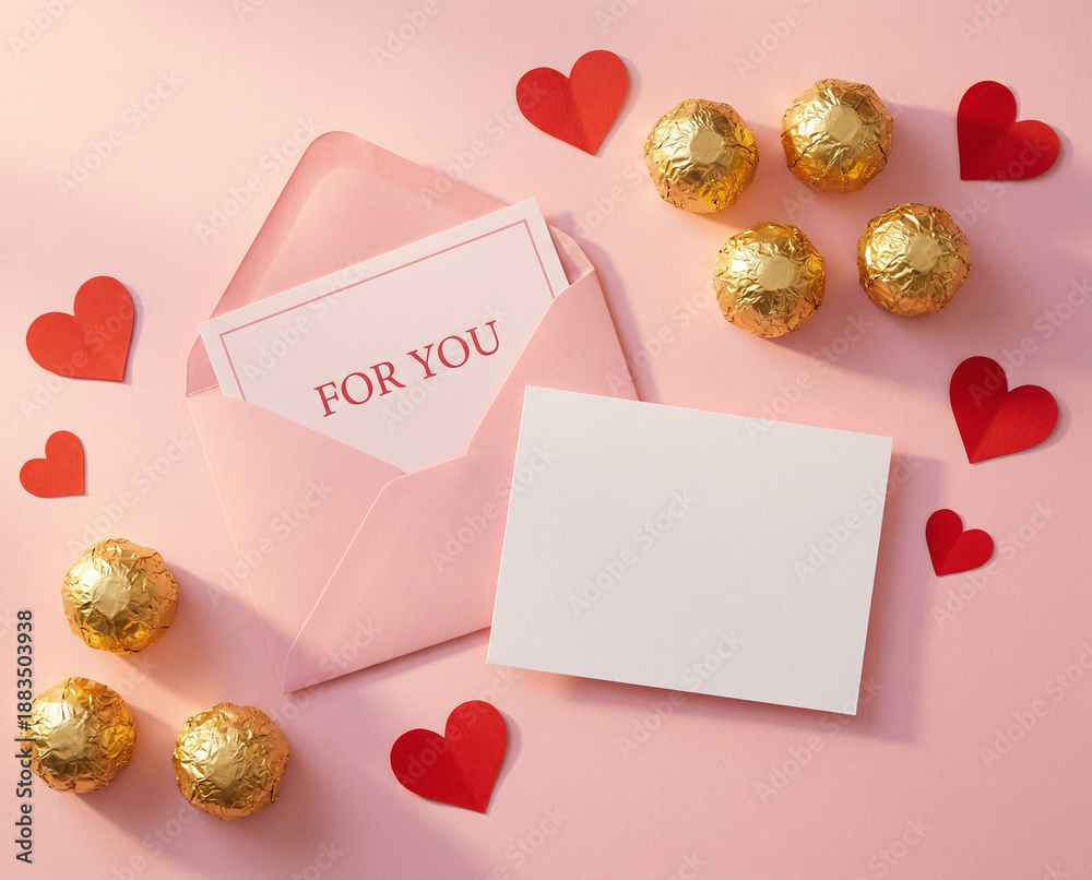 Flat lay temático de San Valentín con chocolates envueltos en papel dorado, corazones de papel, un sobre rosado semiabierto y una tarjeta con espacio para mensaje