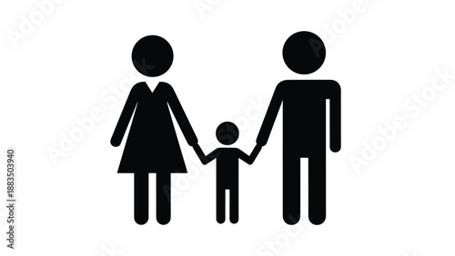 Simple black silhouette icon of a family unit consisting of a father, mother, and one child, representing the fundamental concept of family and parental relationships.