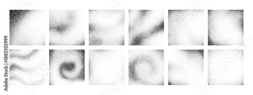 Set of black dot grain stipple noise vector patterns. Abstract texture halftone effect for background application, overlay use, graphic design.