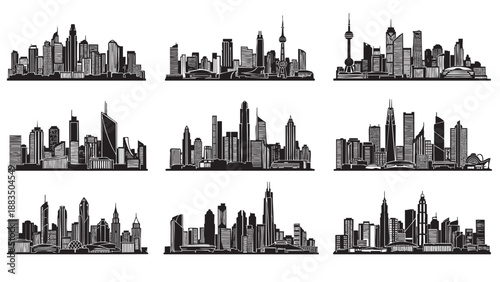 Collection of black and white cityscape silhouettes featuring various skyscrapers and landmarks