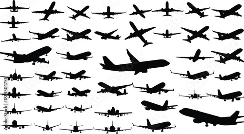 Airplane silhouette collection — diverse aircraft designs in black for educational aviation graphics, model comparison, and aerospace illustration themes.