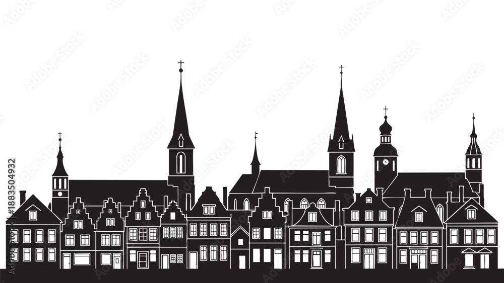 Fototapeta premium Illustration of a historic cityscape with various church steeples and buildings