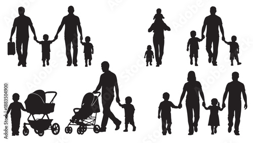 Family Walks with Children and Baby Stroller on Transparent Background