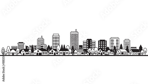 Minimalist cityscape line drawing with buildings trees and houses on transparent background