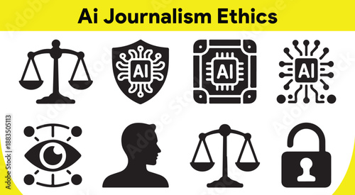 A collection of artificial intelligence journalism ethics related symbols displayed on a white surface