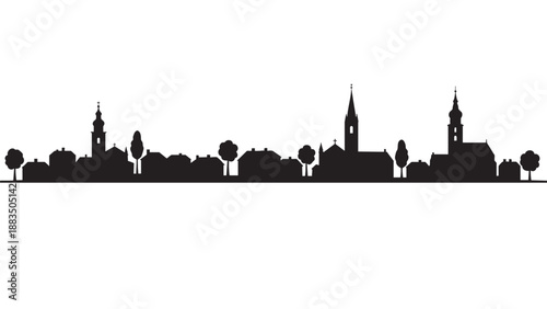Silhouette of a charming historic cityscape with church steeples and trees on a white background