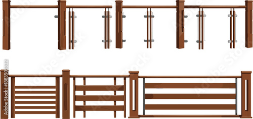Brown gate and fence design set — vertical and horizontal structures with varied bars and locking features for residential, commercial, and agricultural use.