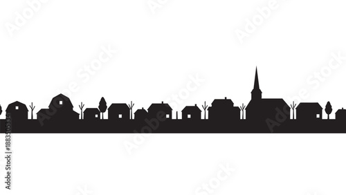 Silhouette of a serene village landscape with houses trees and a church steeple