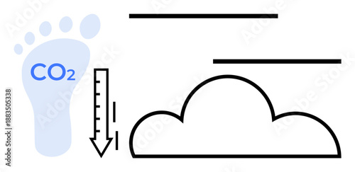 Blue footprint with CO2, downward arrow indicating reduction, black cloud outline. Ideal for climate change, sustainability, eco-business, environment awareness, carbon emissions, green energy