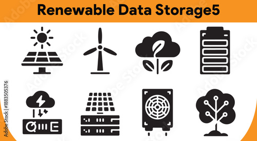 A diverse set of icons depicting renewable energy, data storage, and environmentally conscious technological elements