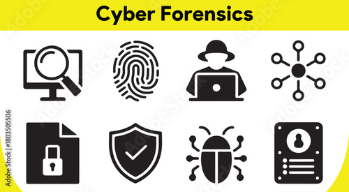 Black icons depicting essential elements of cyber forensics, data security, and digital investigation concepts