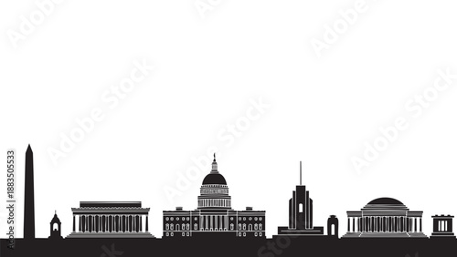Silhouette of Washington DC landmarks including the obelisk capitol dome and government buildings