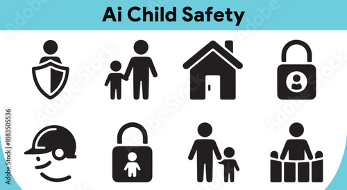 Black silhouette icons illustrating various aspects of child protection, safety, and artificial intelligence supervision