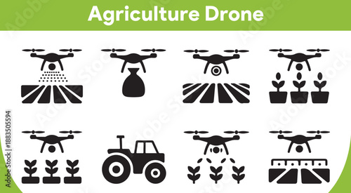 Collection of agriculture drone icons illustrating smart farming and modern crop management techniques
