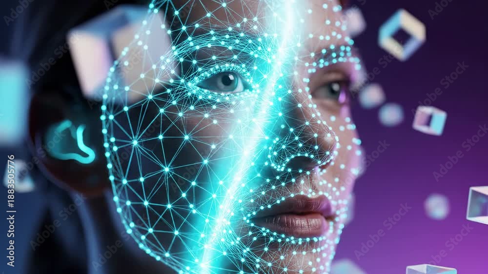 Facial recognition technology with digital mesh overlay on face for ...