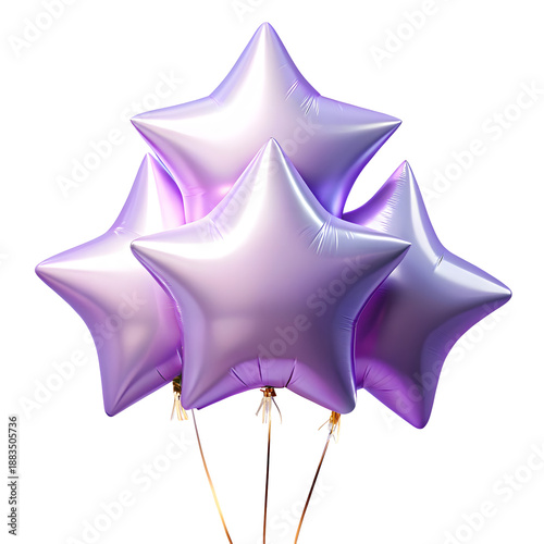 Three shiny purple star shaped balloons isolated on transparent background