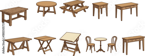 Cartoon-style wooden table and seating set — 10 diverse furniture illustrations for interior design, home decor, and educational or creative use.