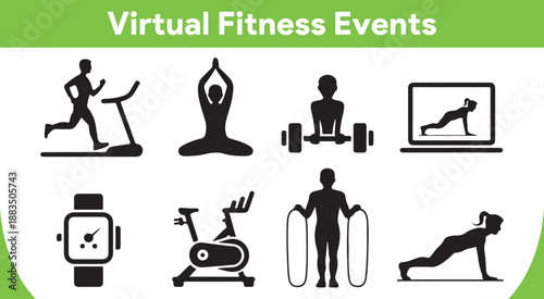 Collection of black silhouette icons representing virtual fitness events and various home workout activities